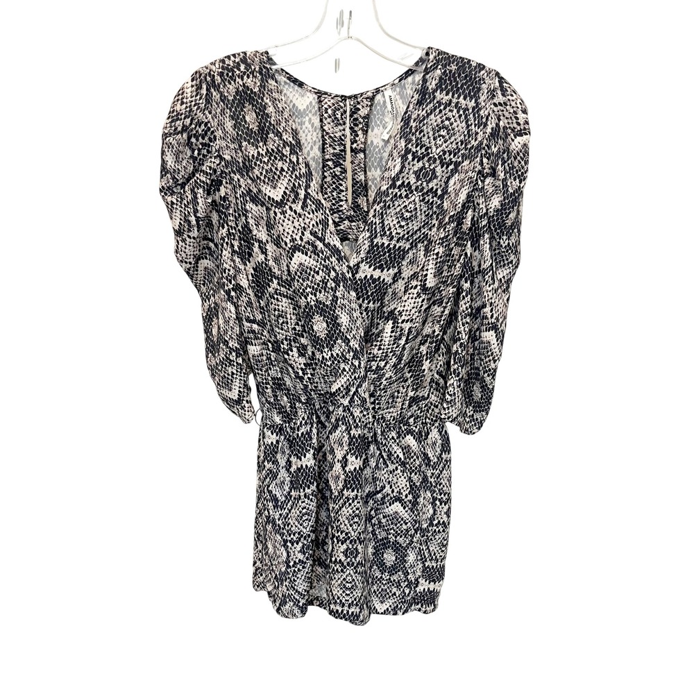 Amanda Uprichard Annika Romper Gray Snakeskin Puff Sleeve V-Neck Size Small